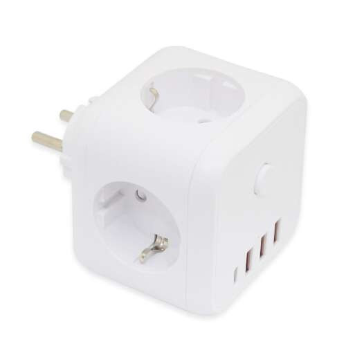 Univerzális kocka alakú hálózati elosztó - 3 db konnektor, 3 db USB, 1 db Type-C csatlakozó